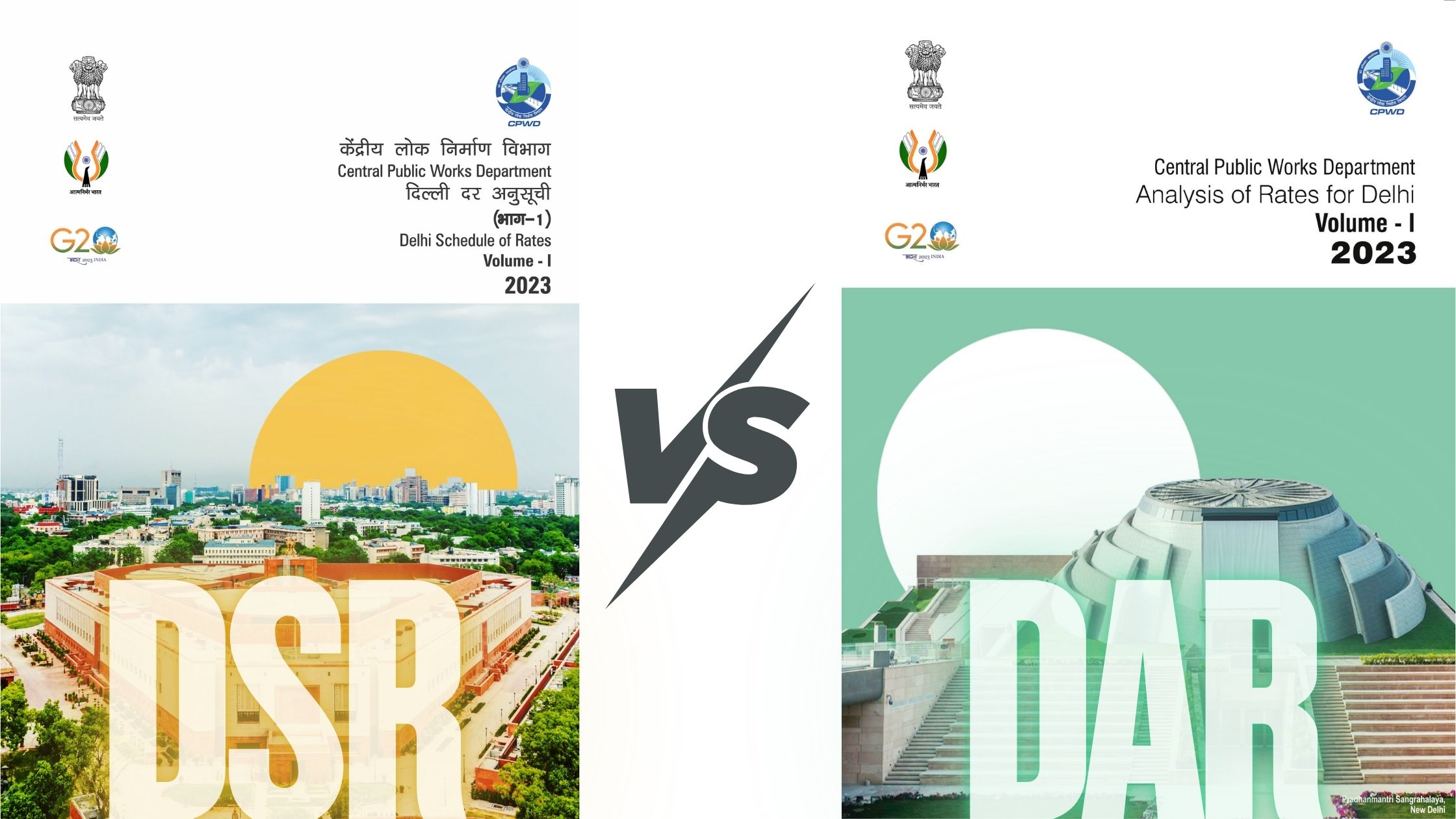 Side-by-side comparison of the CPWD 2023 Delhi Schedule of Rates (DSR) and Analysis of Rates (DAR), Volume I covers.